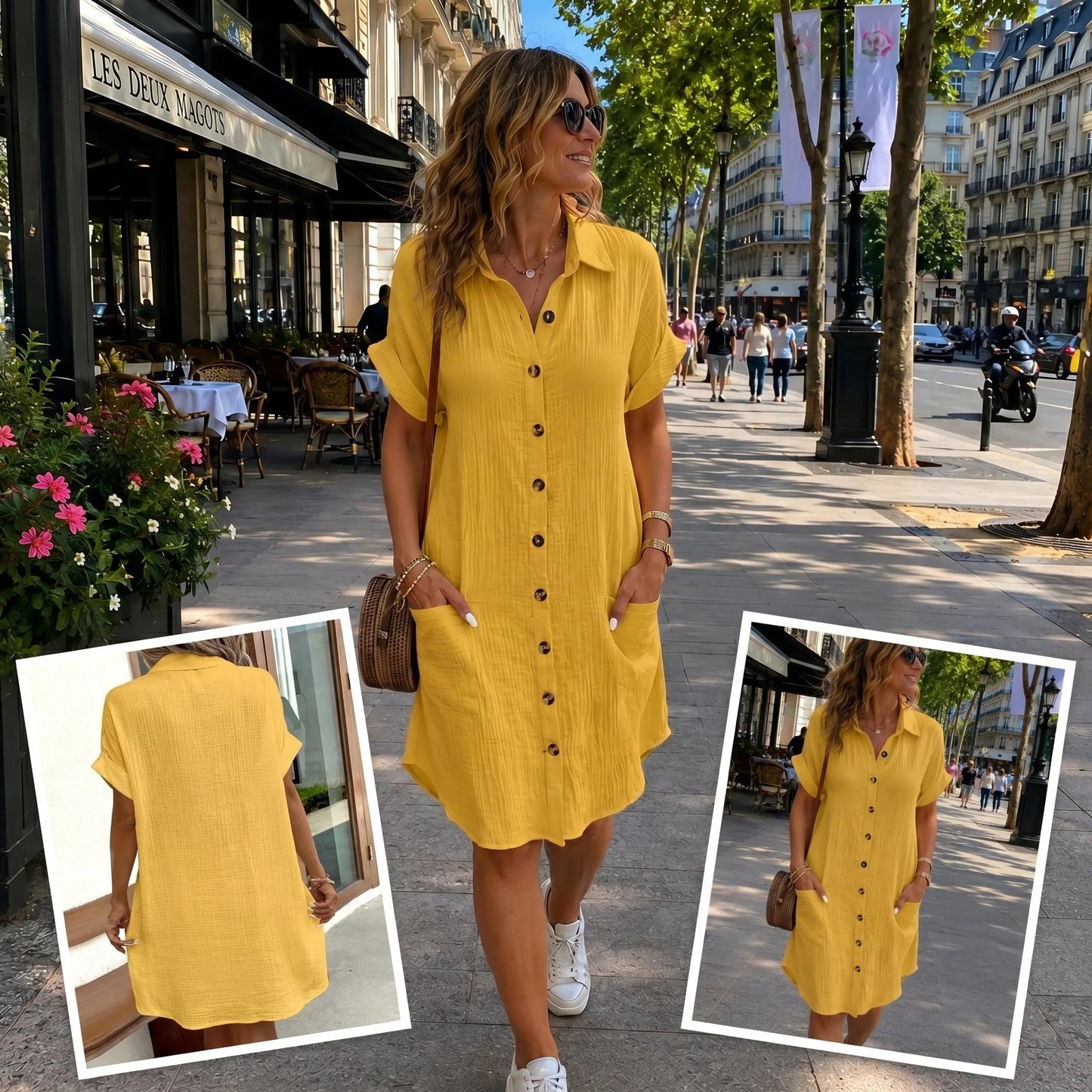 Robe boutonnée à poches, coton texturé jaune, manches courtes