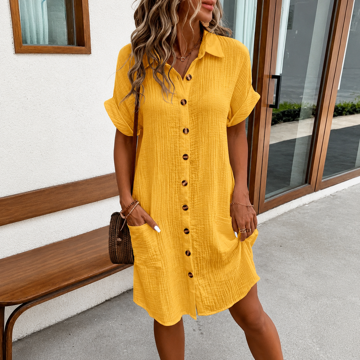 Robe chemise boutonnée jaune moutarde en gaze de coton, femme