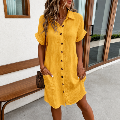 Robe chemise boutonnée jaune moutarde en gaze de coton, femme