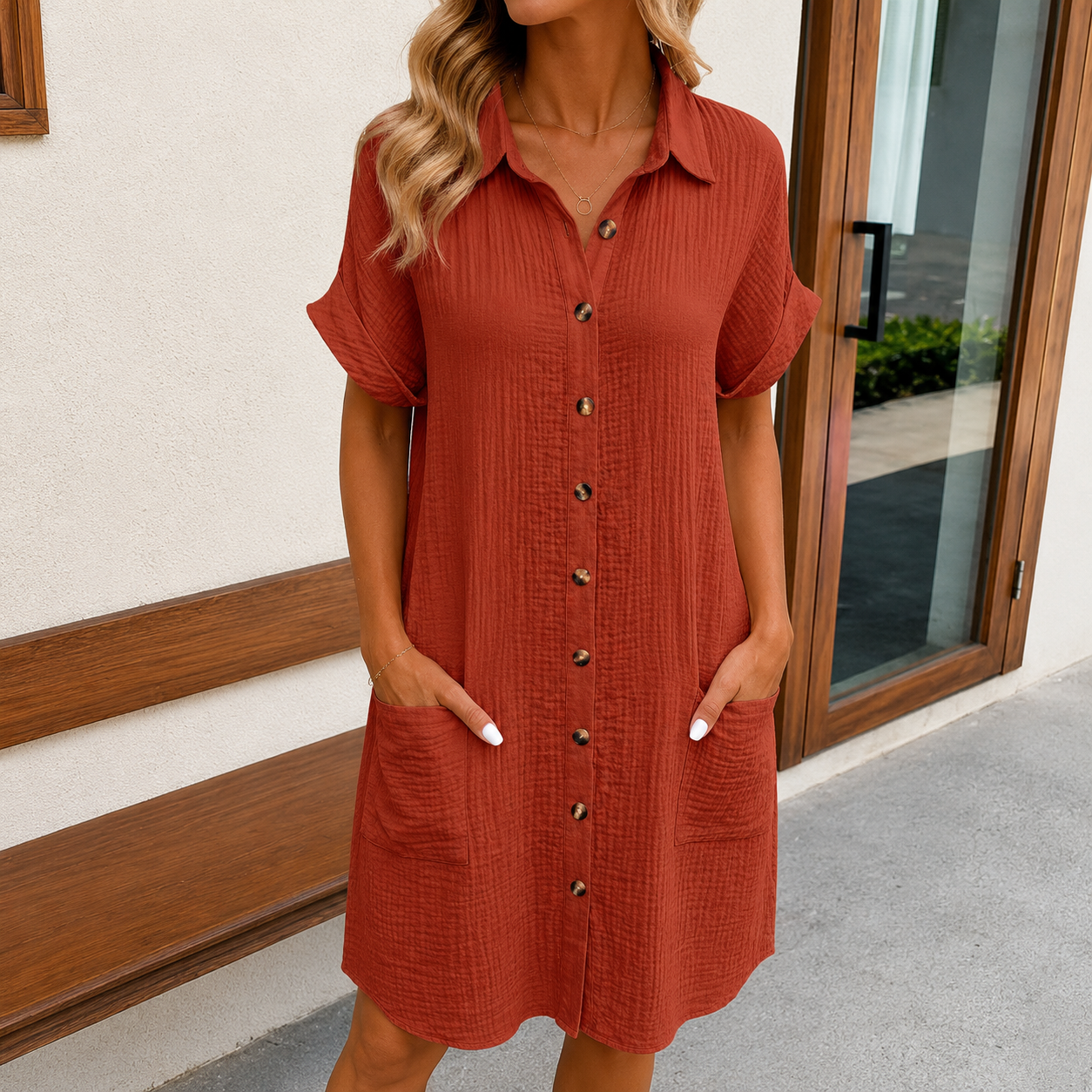 Femme portant une robe chemise orange avec sac en osier rond